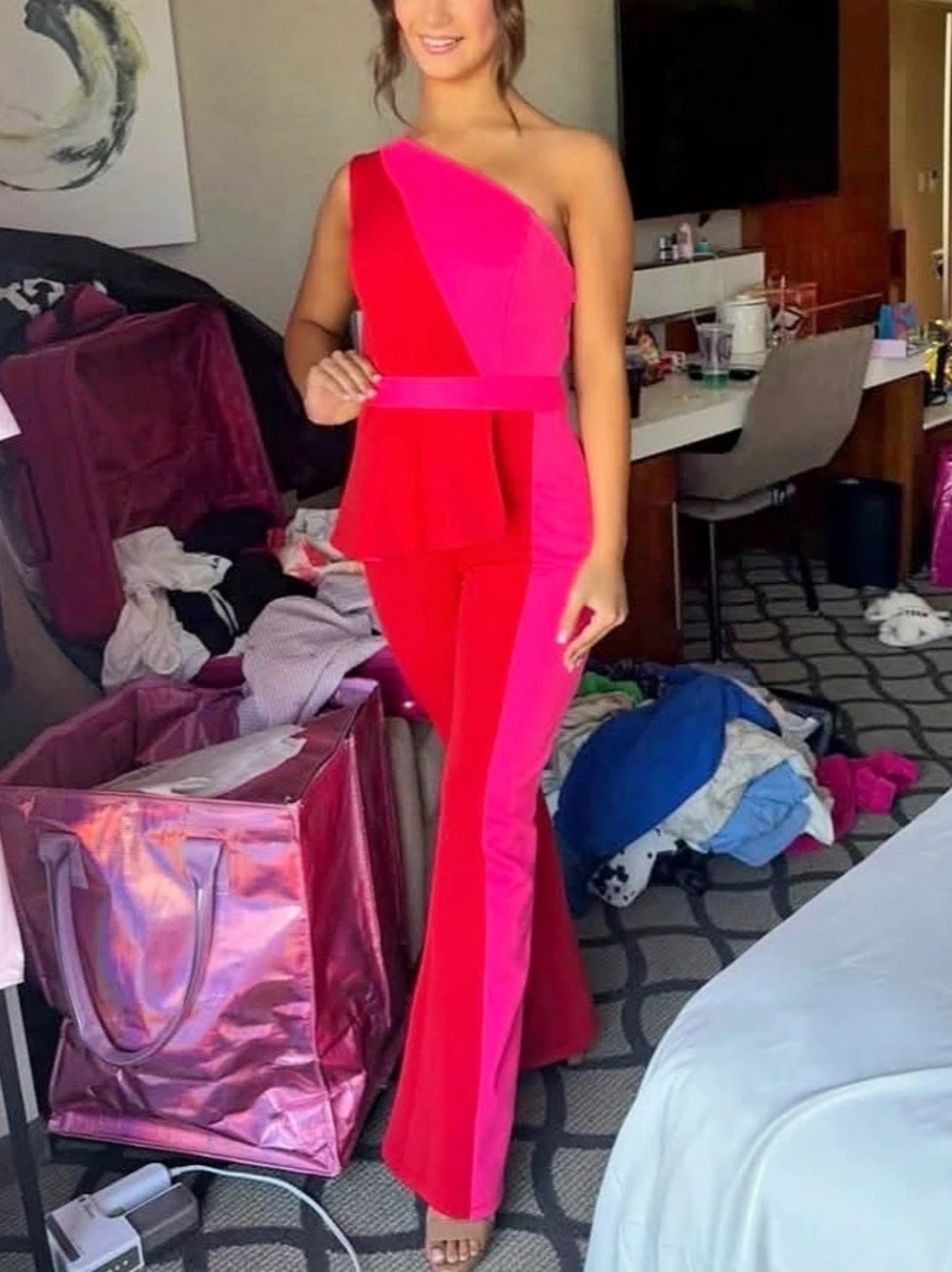 Custom One-Shoulder Color Block Jumpsuit in Pink & Red Like New